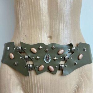 Vintage Handmade Leather Sheet Womens Belt Embellished Bedazzled 39” Long 80s